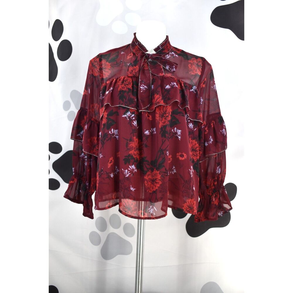 Lucky Brand Long Sleeve High Neck with Tie Floral Print Ruffle Boho Blouse Small